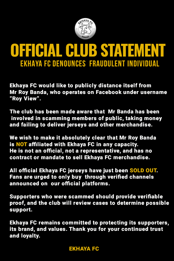 OFFICIAL STATEMENT | Ekhaya FC Clarifies Non-Affiliation with Fraudulent Seller - Ekhaya FC